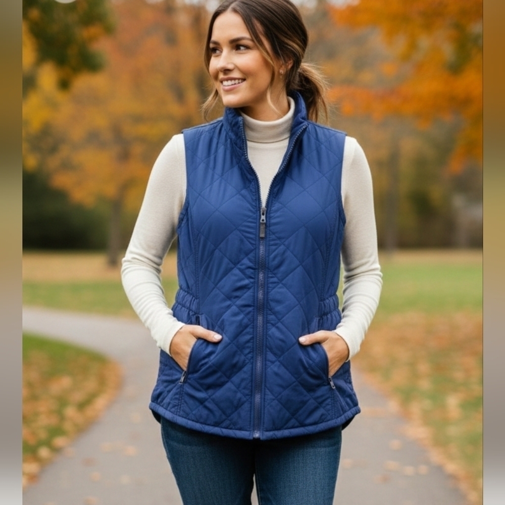 Bit & Bridle Quilted Vest Women Blue Navy Full Zip Pockets Size XS